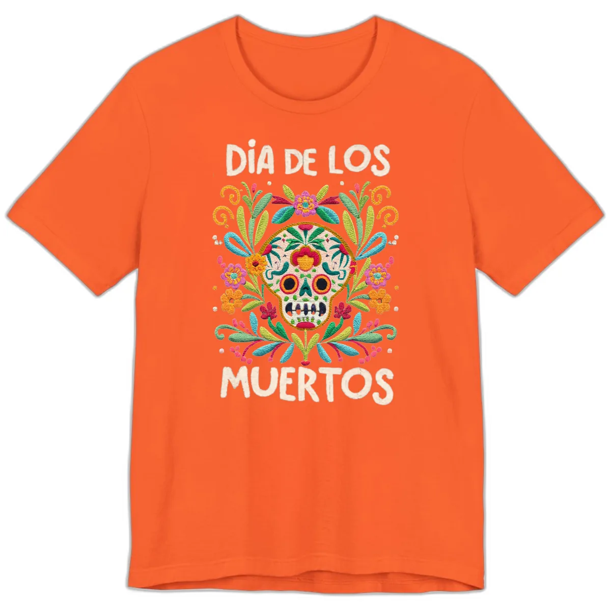 Día de los Muertos Embroidered Sugar Skull Premium T-Shirt in Orange