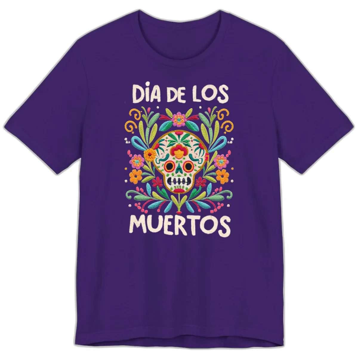 Día de los Muertos Embroidered Sugar Skull Premium T-Shirt in Team Purple
