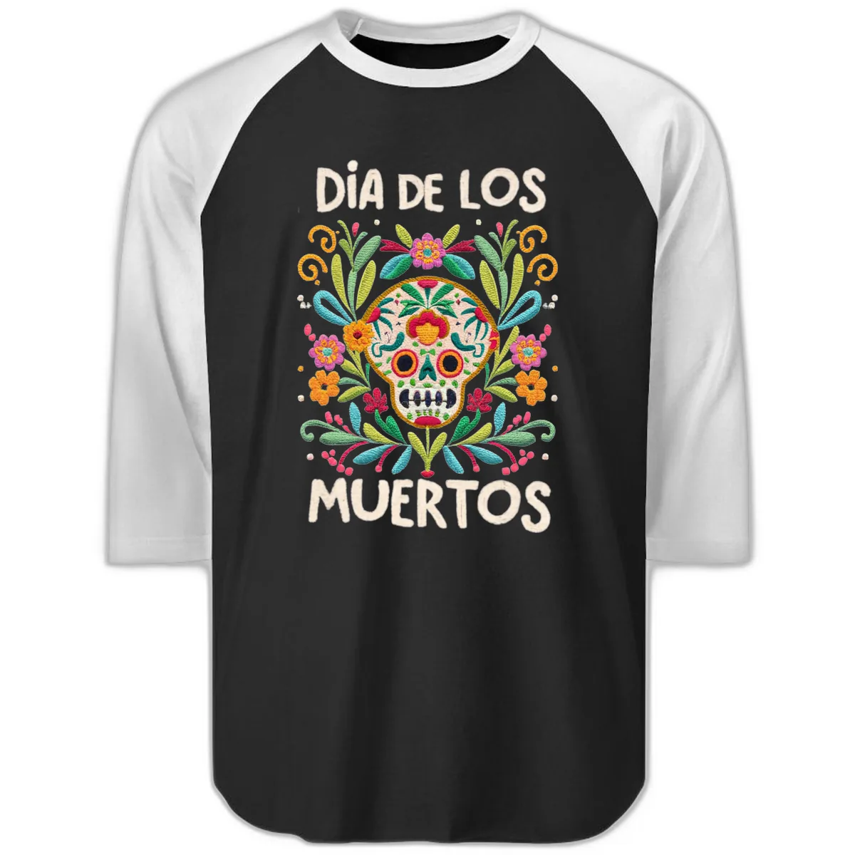 Día de los Muertos Embroidered Sugar Skull Raglan 3/4 in Black White
