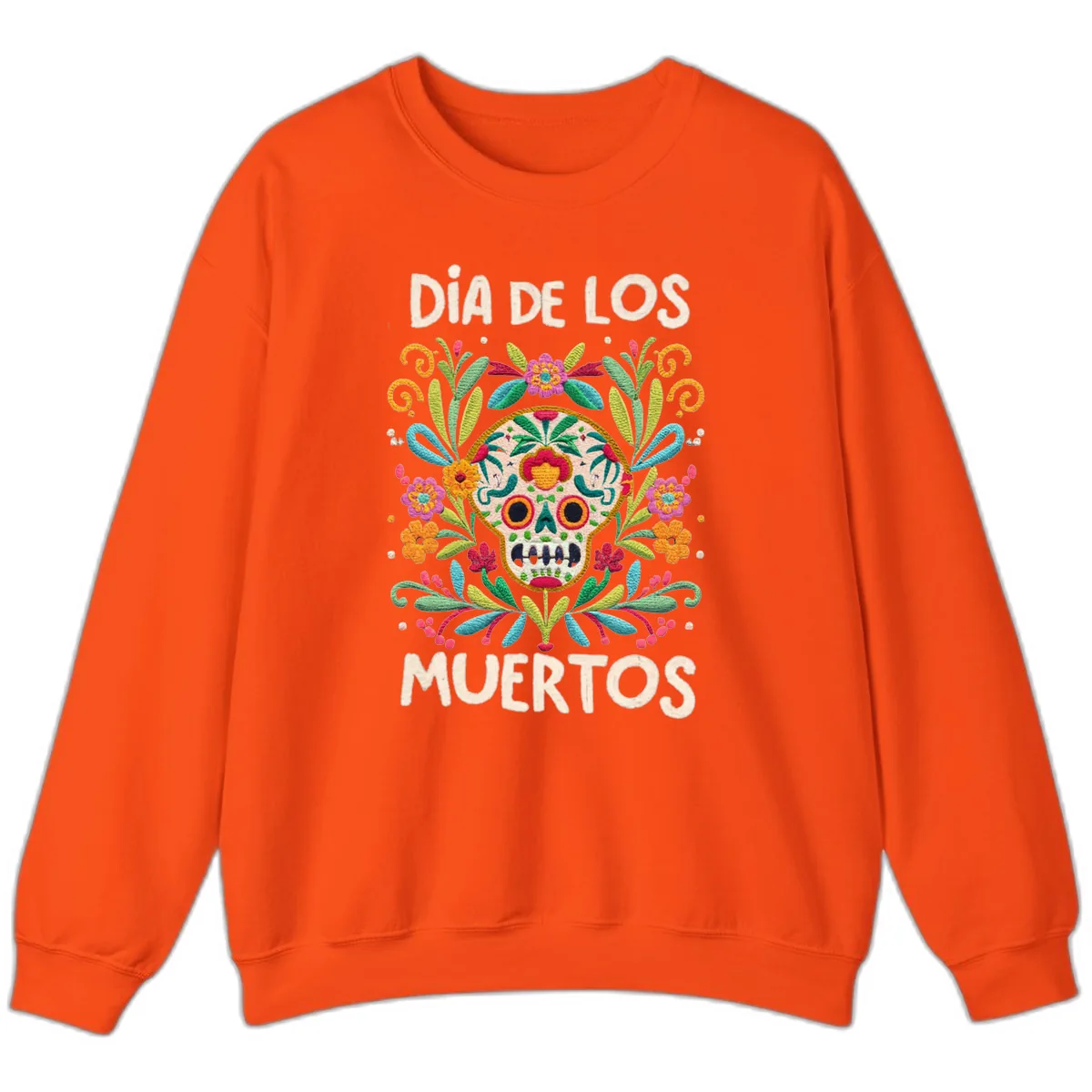 Día de los Muertos Embroidered Sugar Skull Sweatshirt in Orange