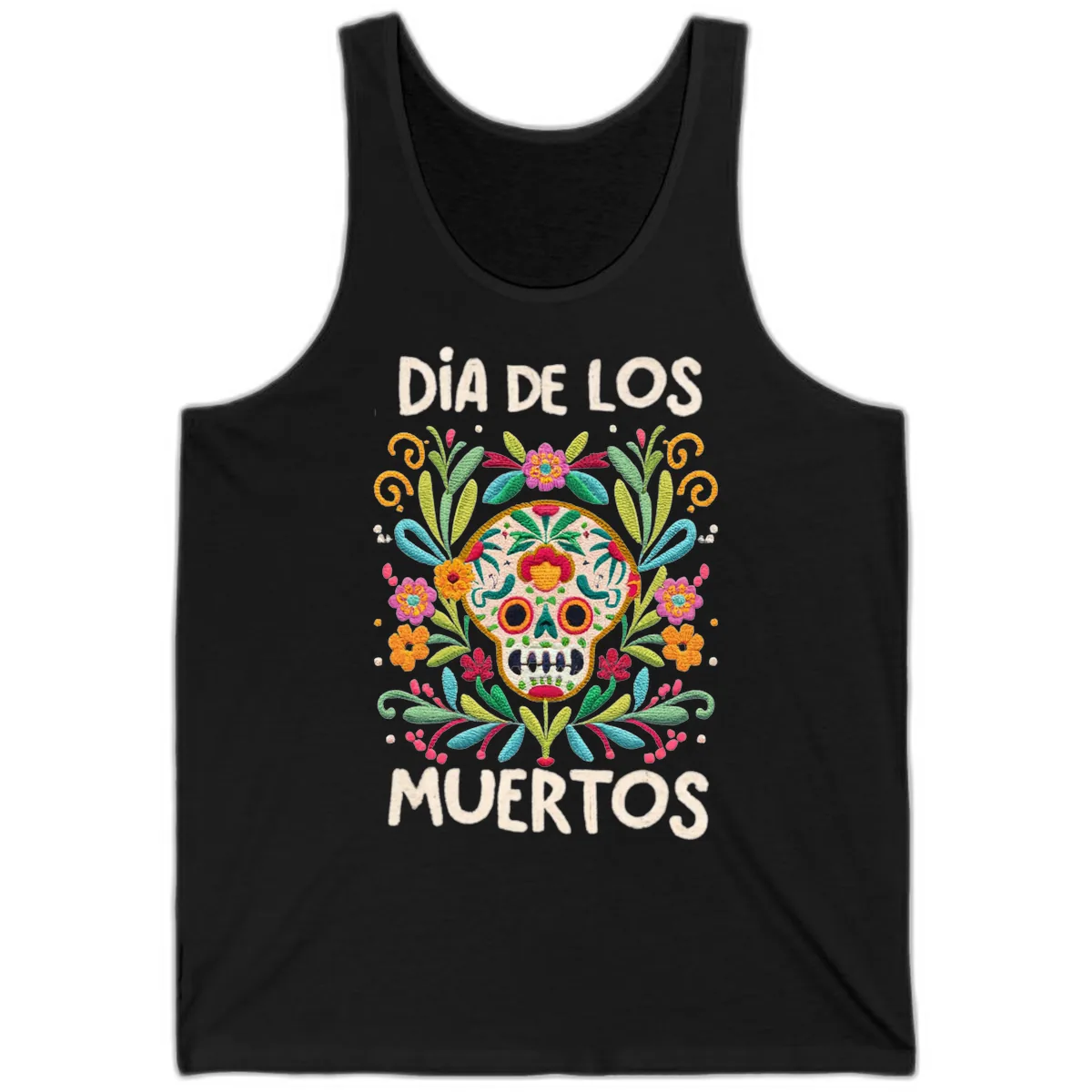 Día de los Muertos Embroidered Sugar Skull Tank in Black