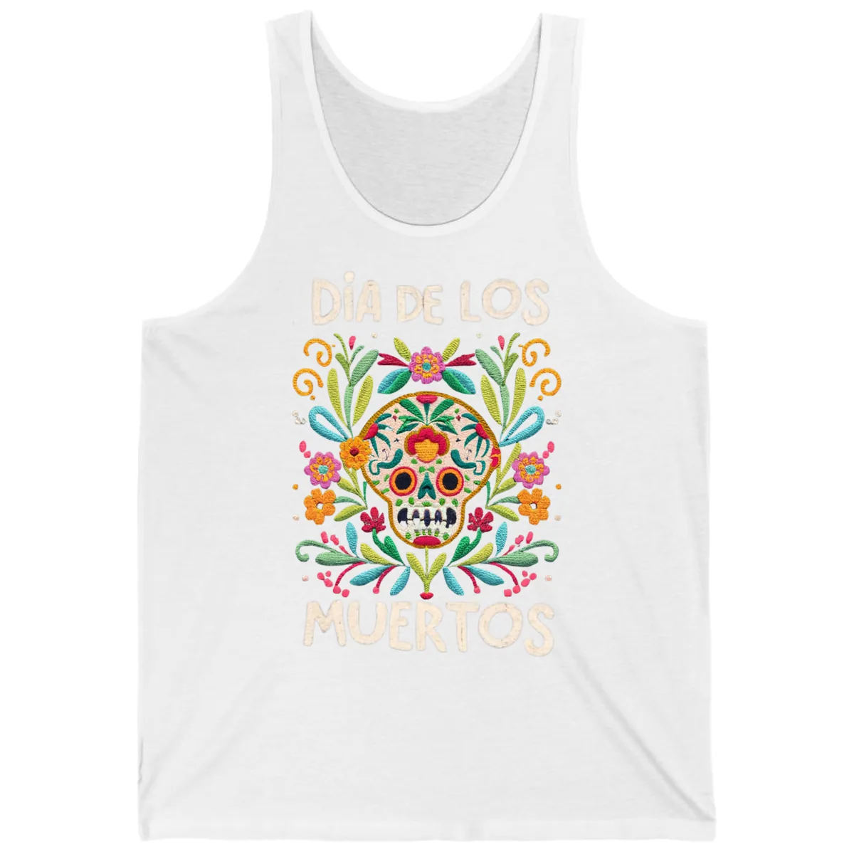 Día de los Muertos Embroidered Sugar Skull Tank in White