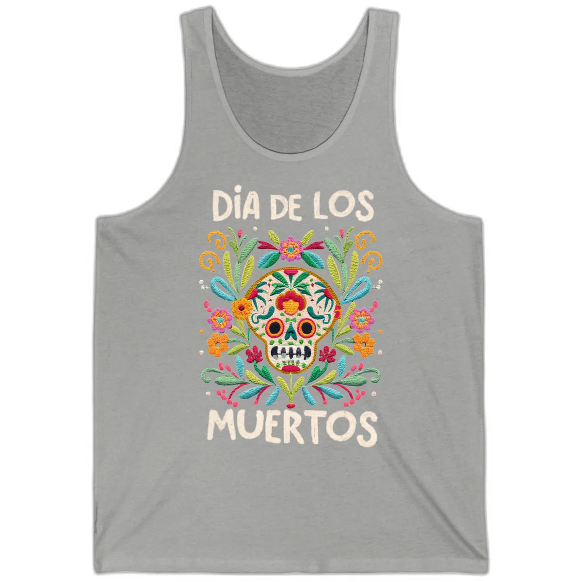 Día de los Muertos Embroidered Sugar Skull Tank in Athletic Heather