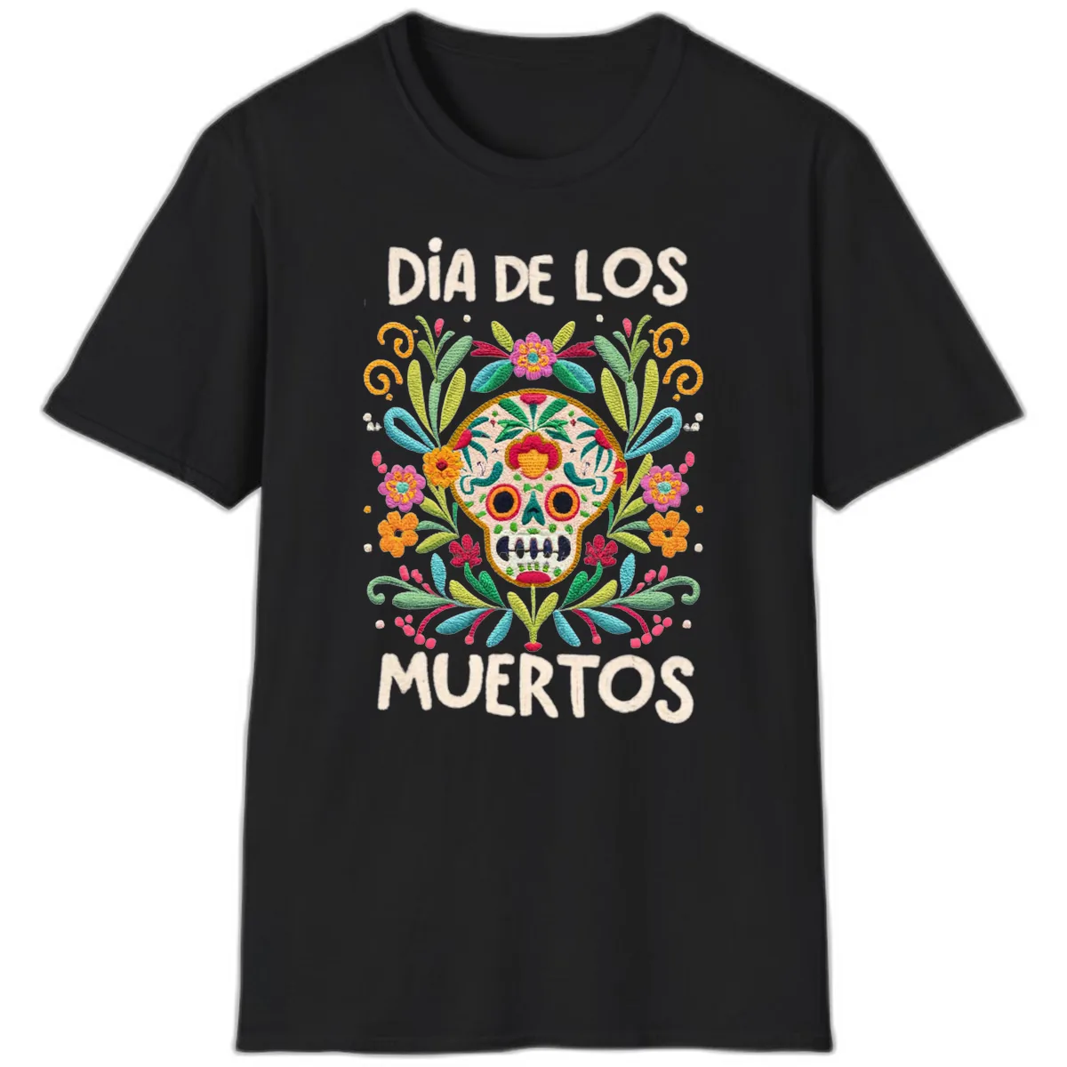 Día de los Muertos Embroidered Sugar Skull T-Shirt in Black