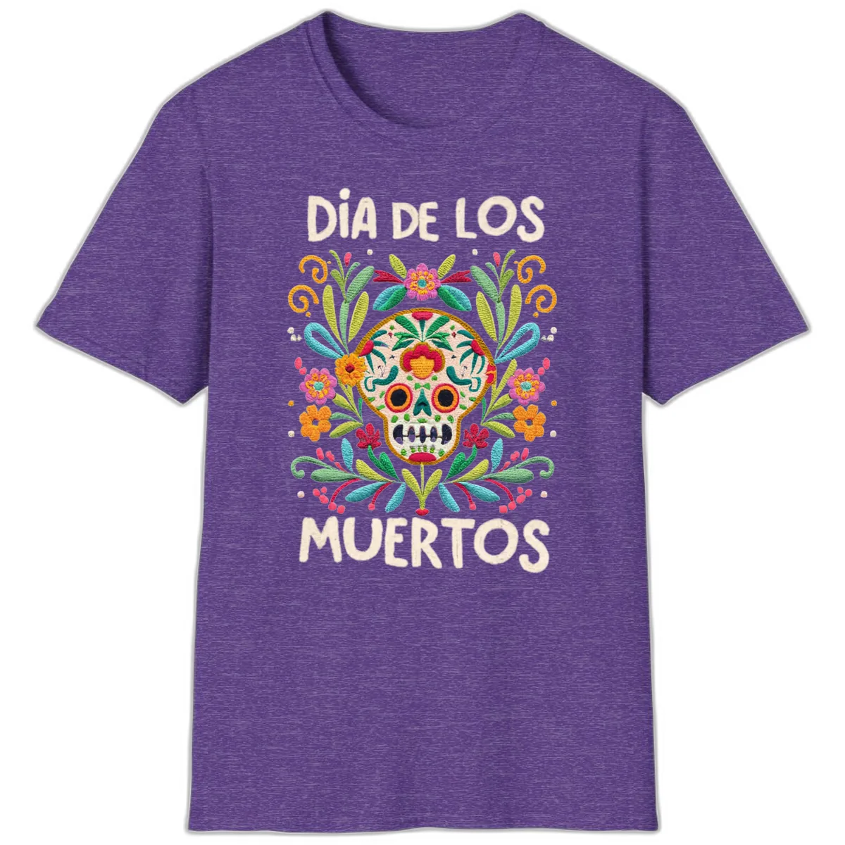 Día de los Muertos Embroidered Sugar Skull T-Shirt in Heather Purple
