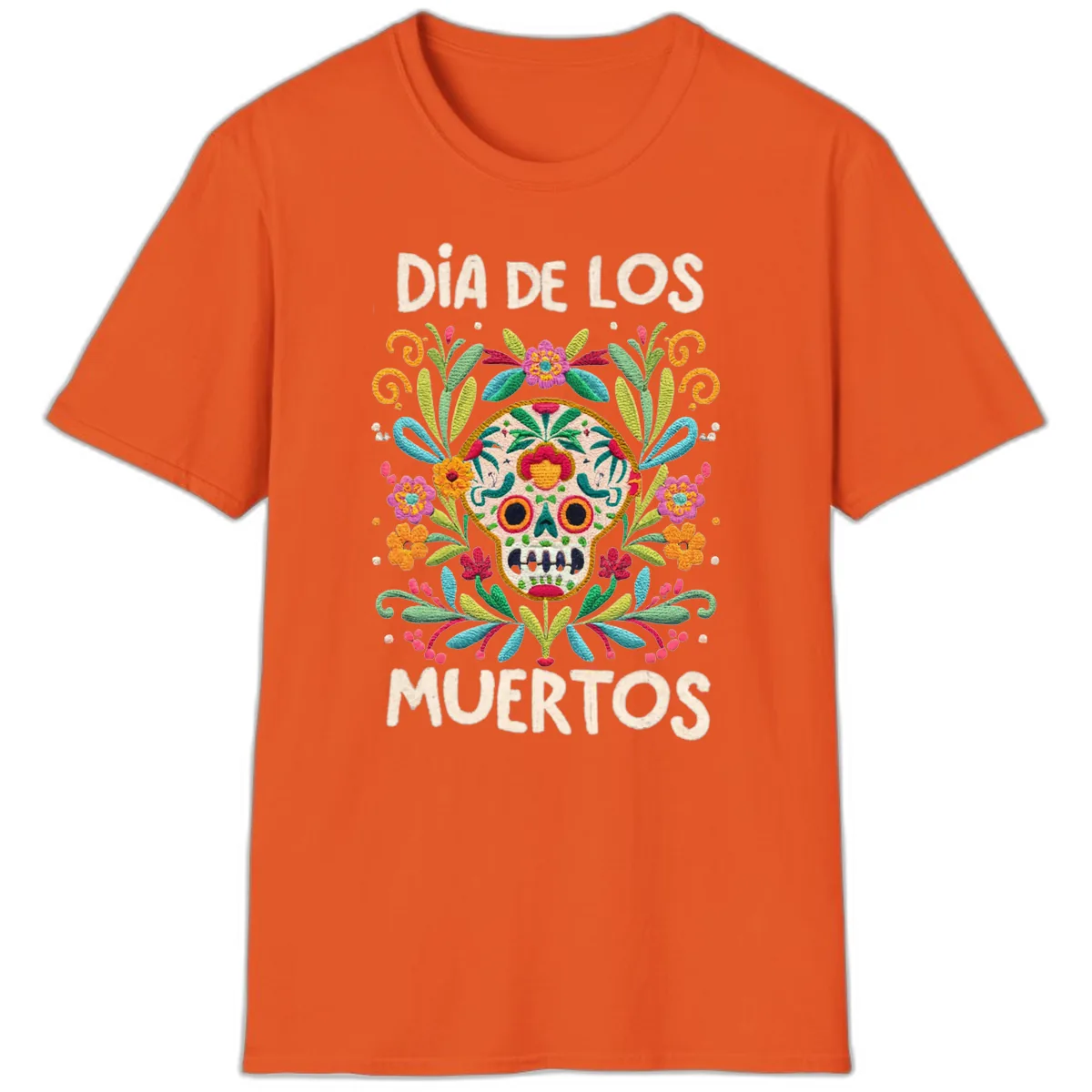 Día de los Muertos Embroidered Sugar Skull T-Shirt in Orange