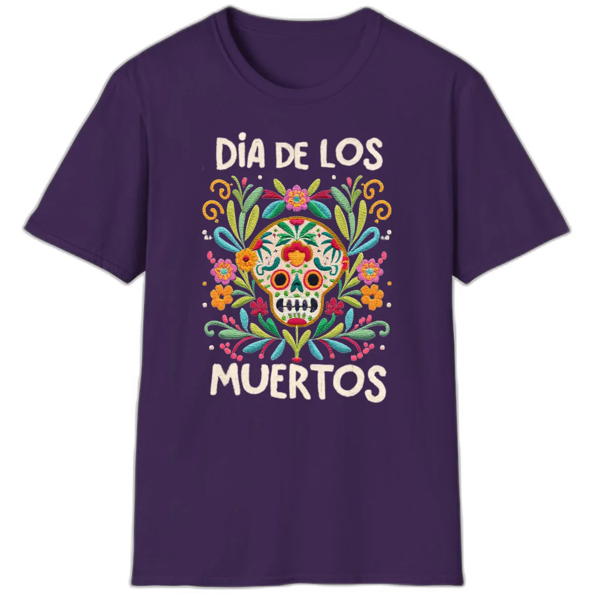 Día de los Muertos Embroidered Sugar Skull T-Shirt in Purple