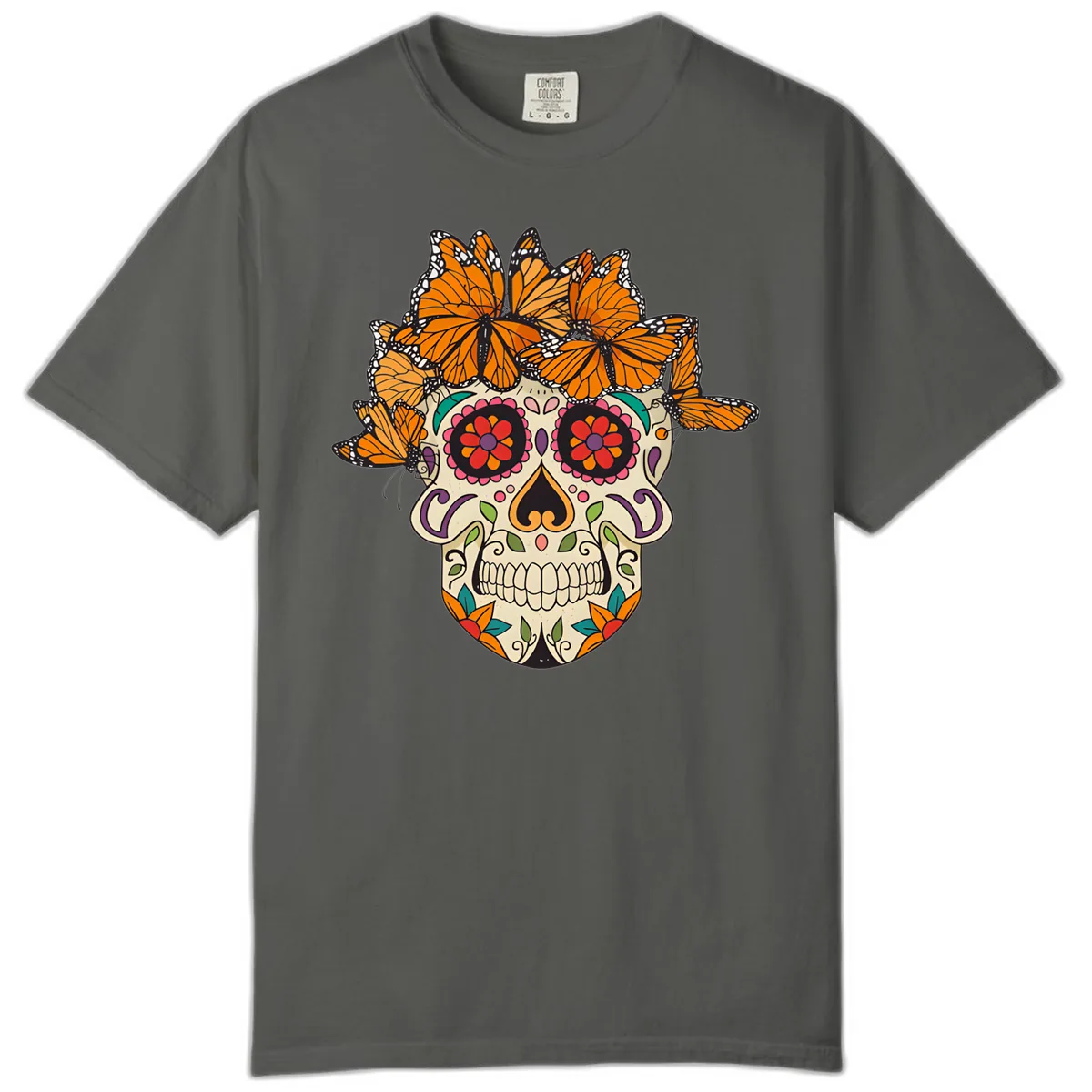 Monarch Butterfly Calavera Sugar Skull Comfort Color in Pepper