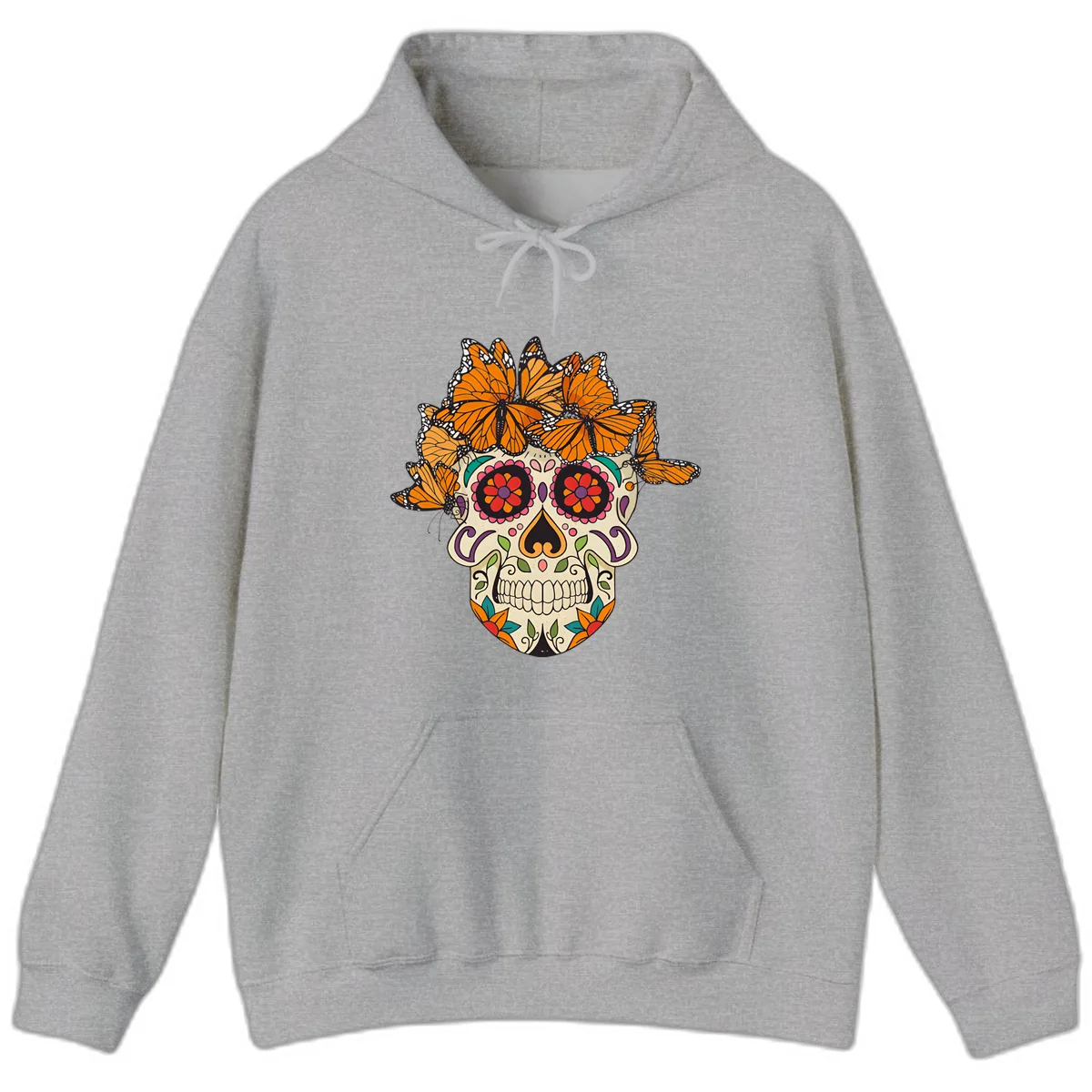 Monarch Butterfly Calavera Sugar Skull Hoodie in Sport Grey