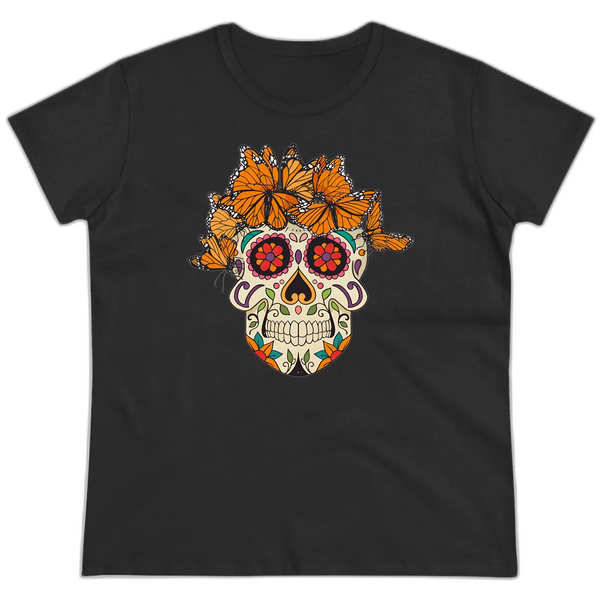 Monarch Butterfly Calavera Sugar Skull Ladies Tee in Black
