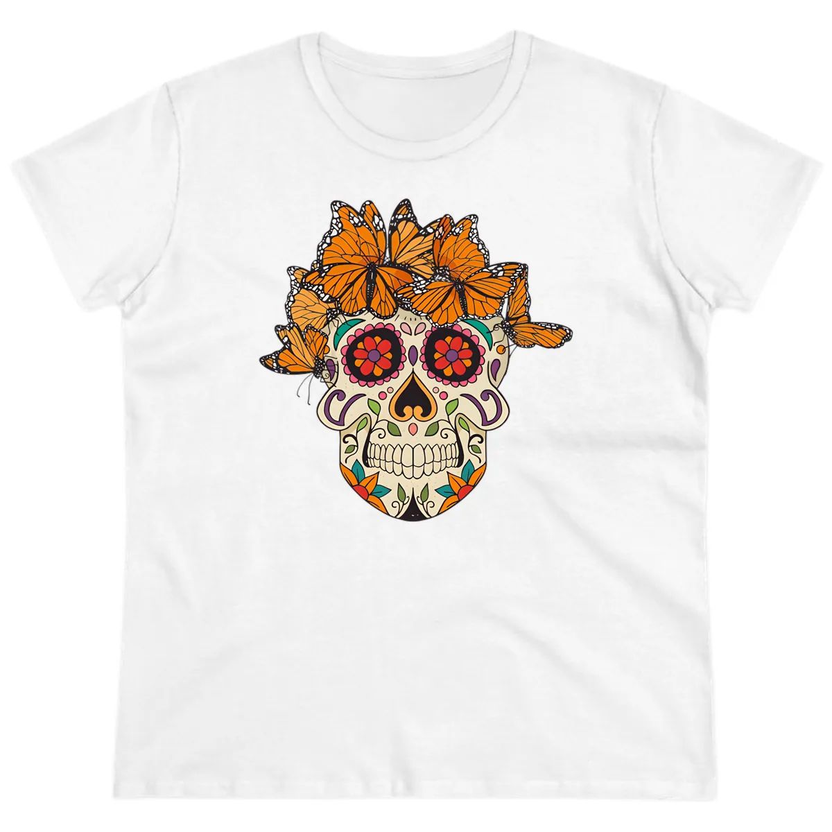 Monarch Butterfly Calavera Sugar Skull Ladies Tee in White