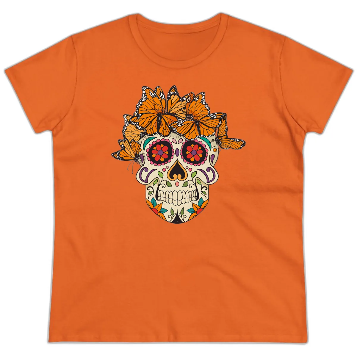 Monarch Butterfly Calavera Sugar Skull Ladies Tee in Orange