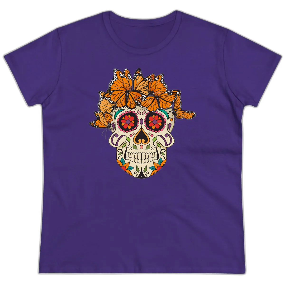 Monarch Butterfly Calavera Sugar Skull Ladies Tee in Purple