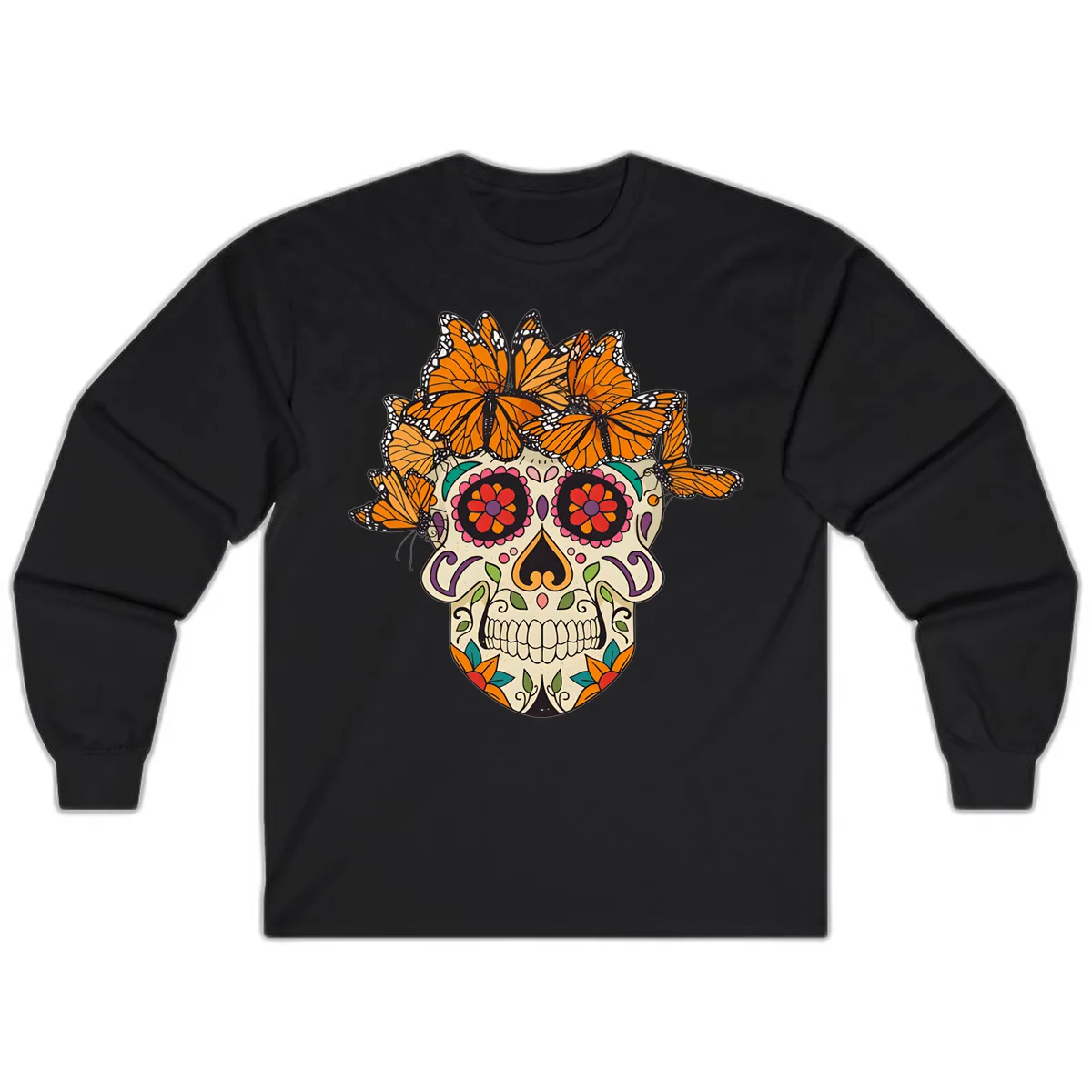 Monarch Butterfly Calavera Sugar Skull Long Sleeve in Black