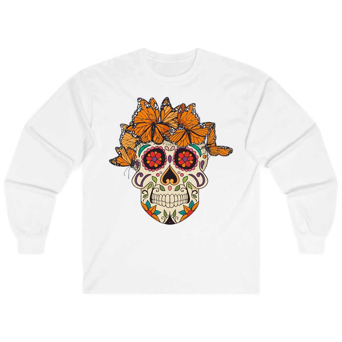 Monarch Butterfly Calavera Sugar Skull Long Sleeve in White