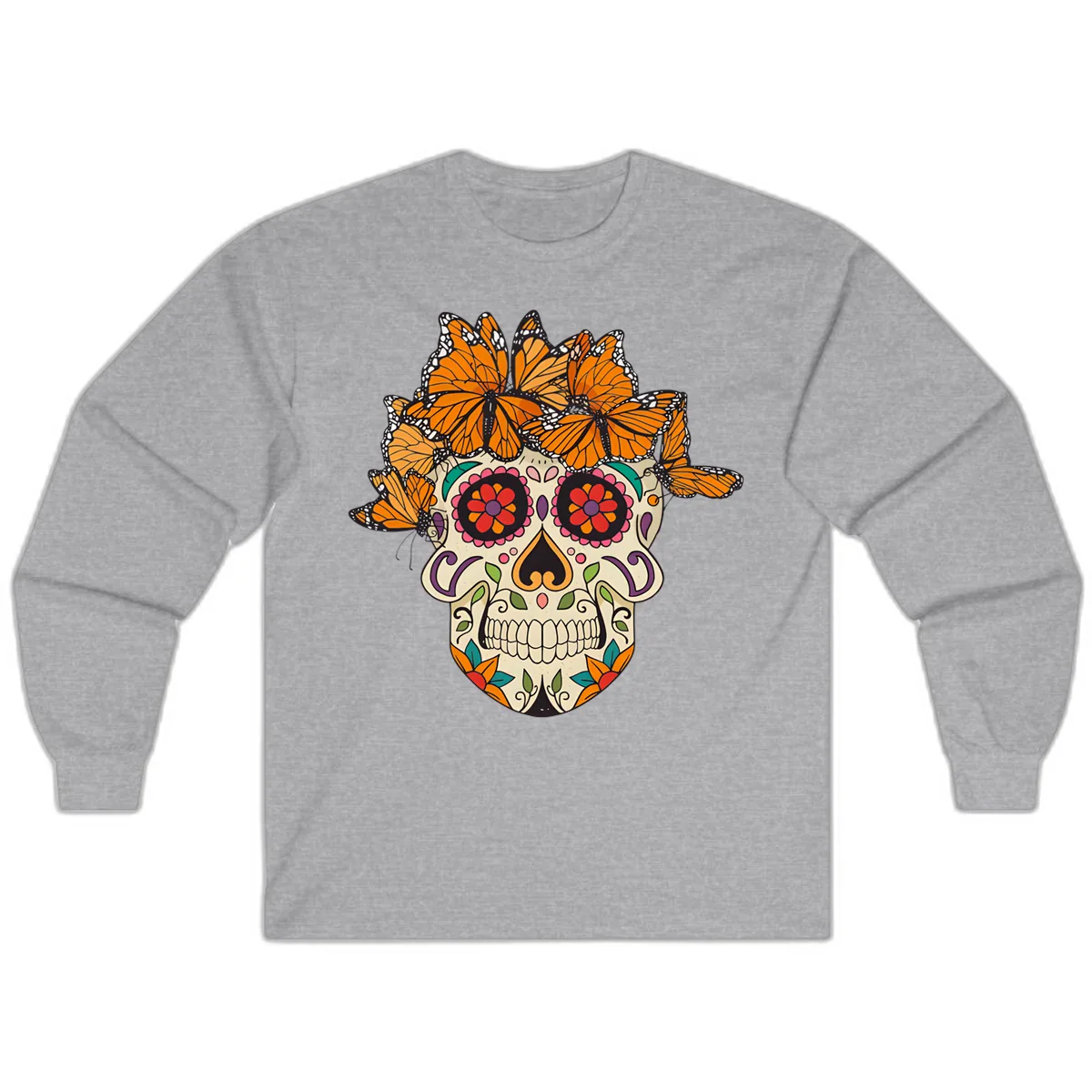 Monarch Butterfly Calavera Sugar Skull Long Sleeve in Sport Grey