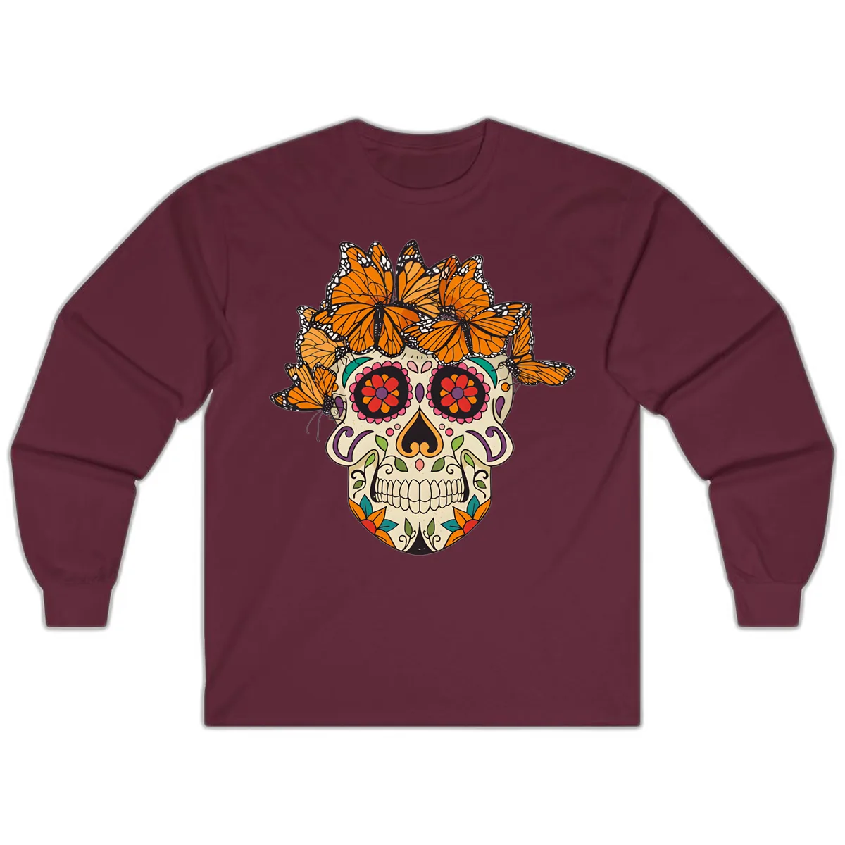 Monarch Butterfly Calavera Sugar Skull Long Sleeve in Maroon