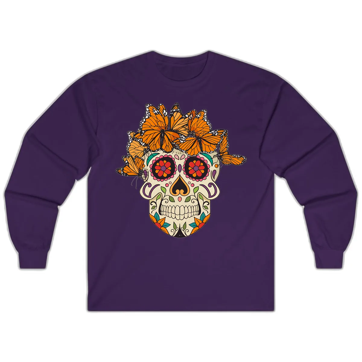 Monarch Butterfly Calavera Sugar Skull Long Sleeve in Purple