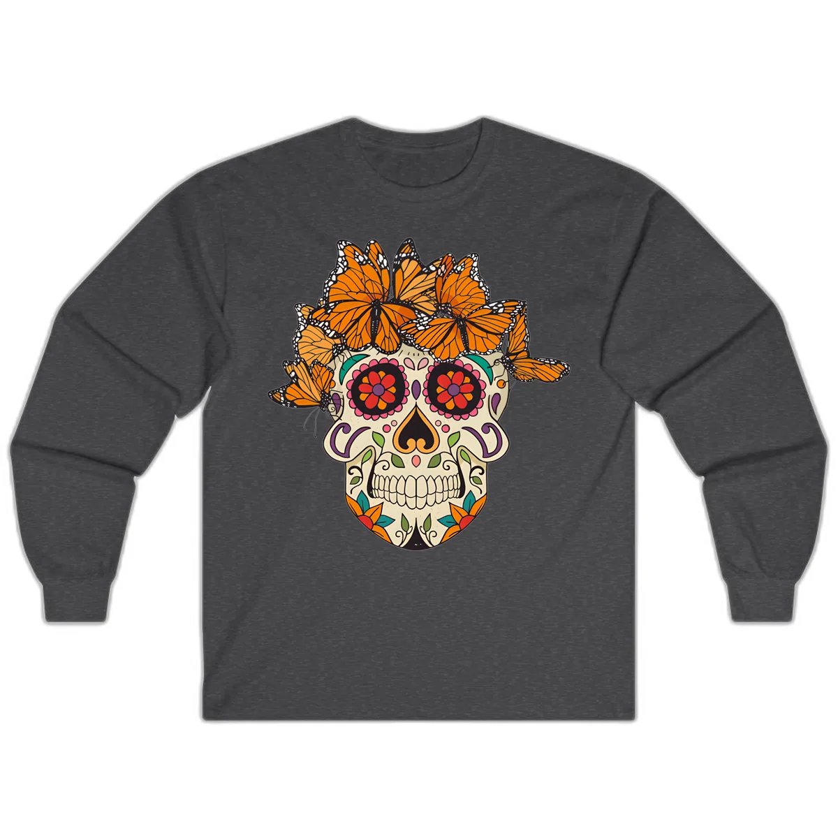 Monarch Butterfly Calavera Sugar Skull Long Sleeve in Dark Heather