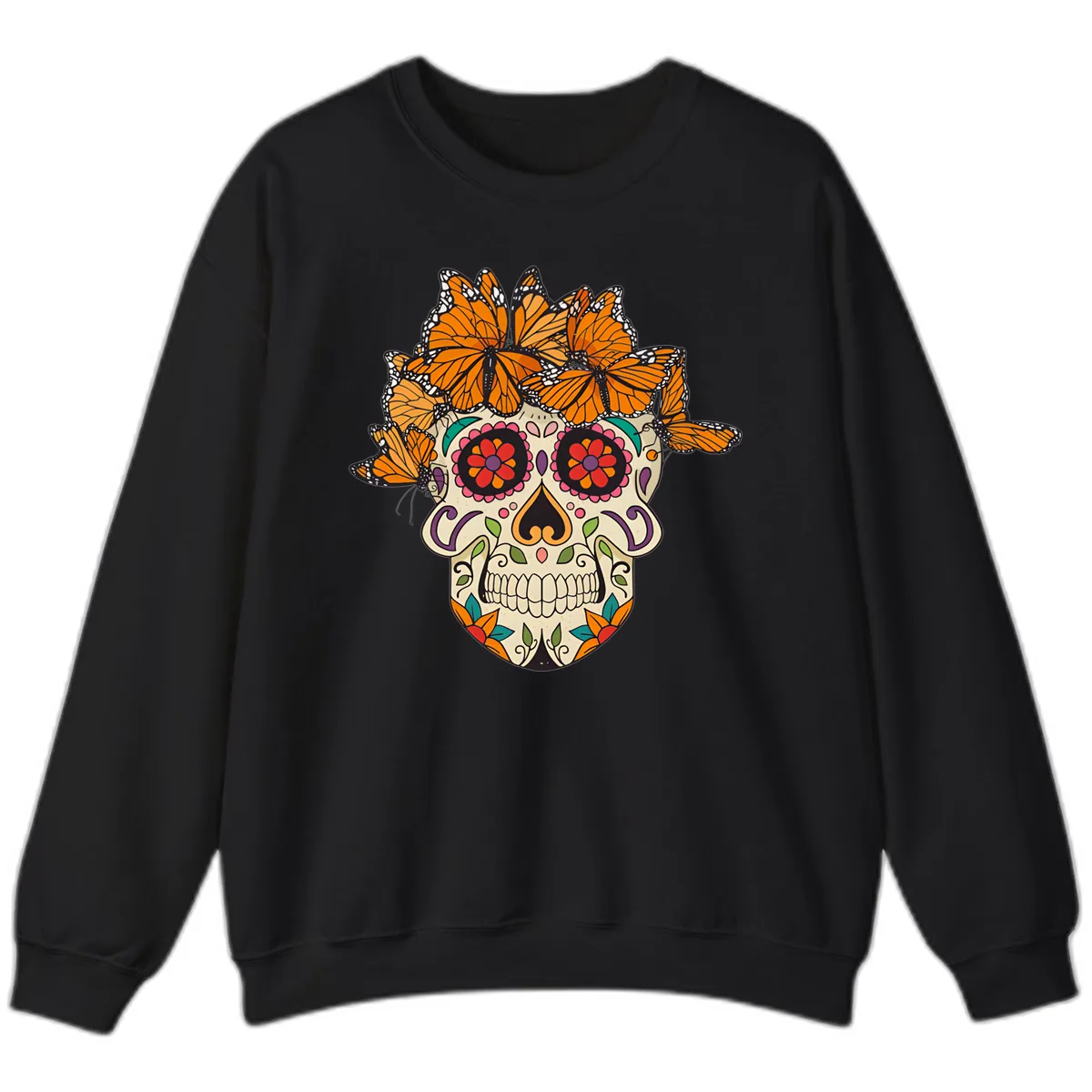 Monarch Butterfly Calavera Sugar Skull Sweatshirt in Black