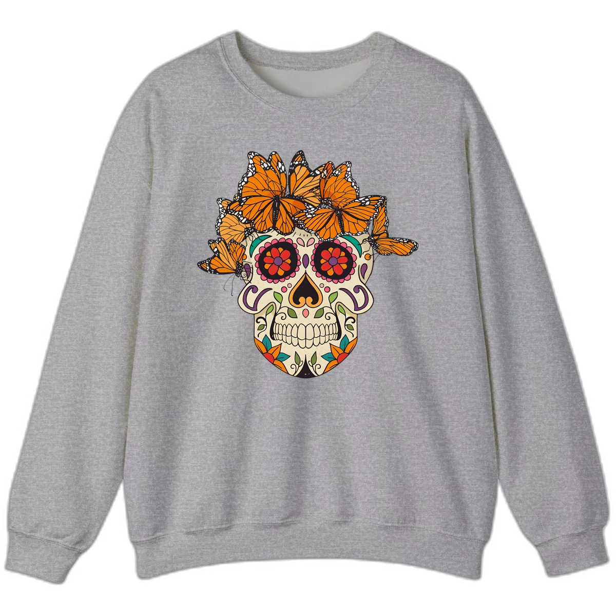 Monarch Butterfly Calavera Sugar Skull Sweatshirt in Sport Grey