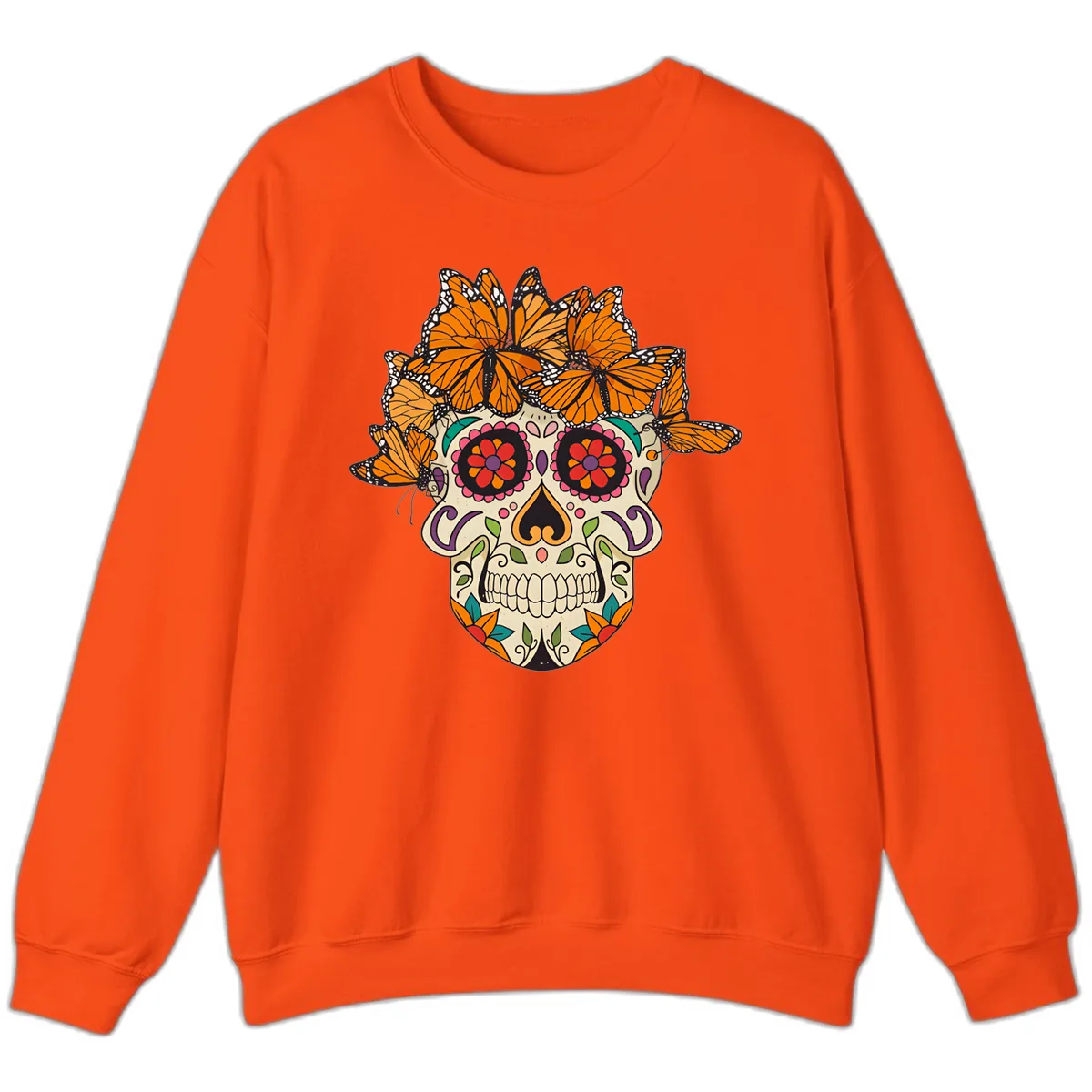 Monarch Butterfly Calavera Sugar Skull Sweatshirt in Orange
