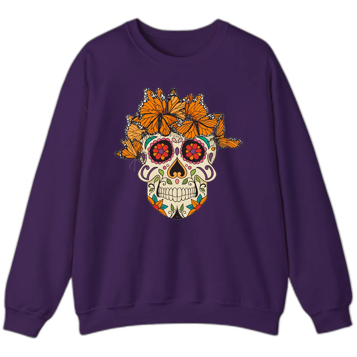 Monarch Butterfly Calavera Sugar Skull Sweatshirt in Purple