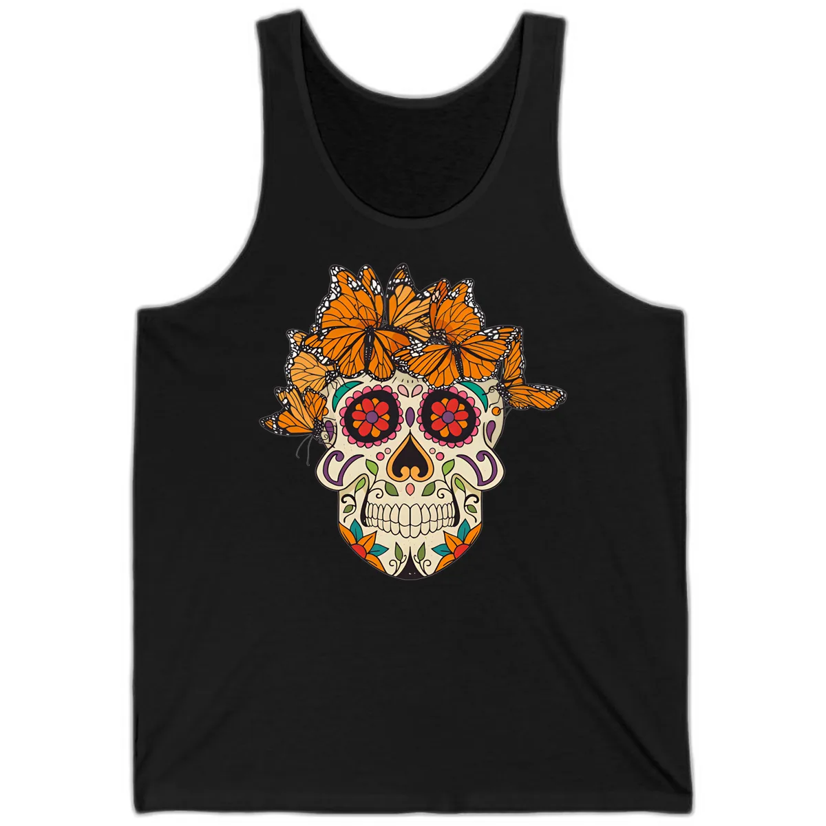 Monarch Butterfly Calavera Sugar Skull Tank in Black