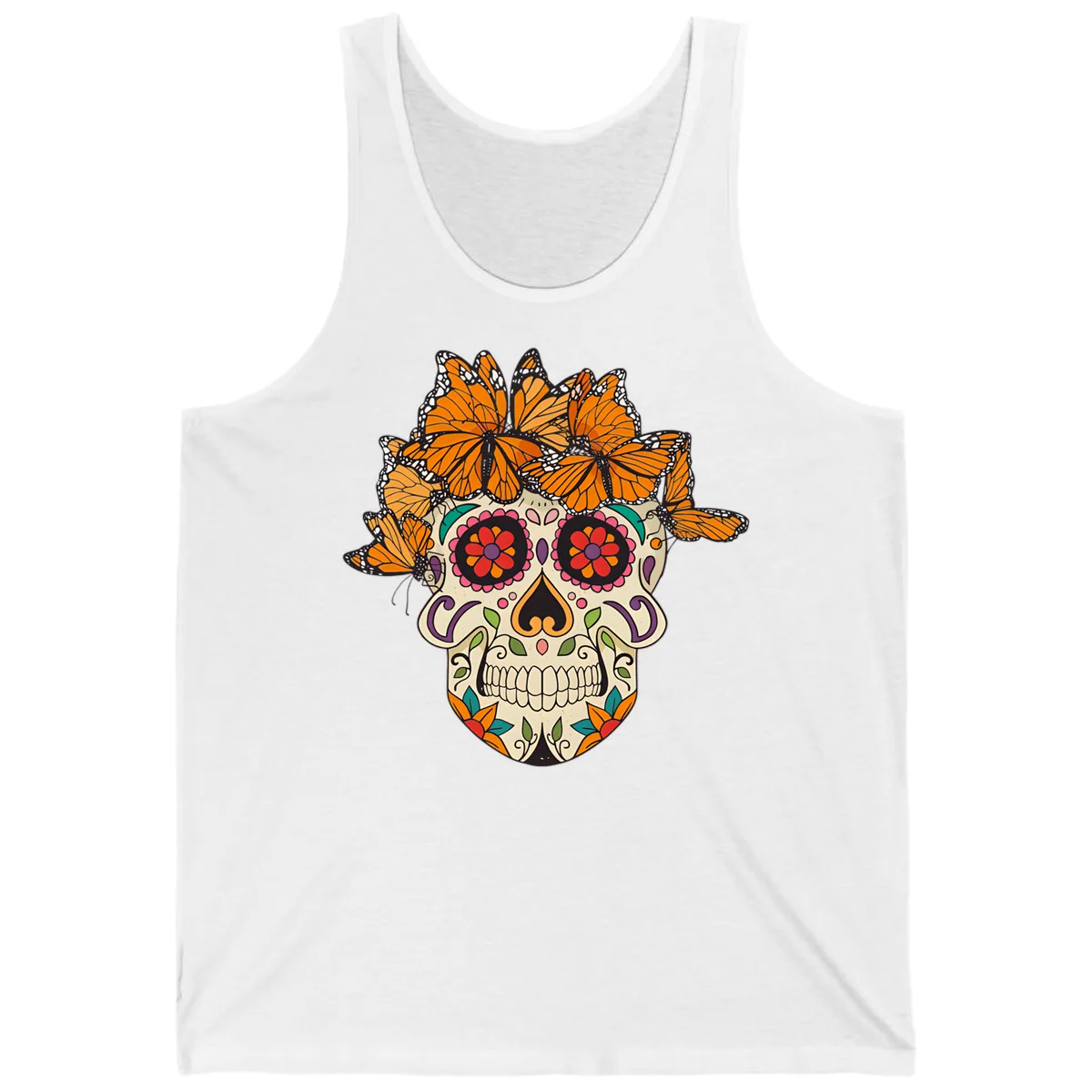 Monarch Butterfly Calavera Sugar Skull Tank in White