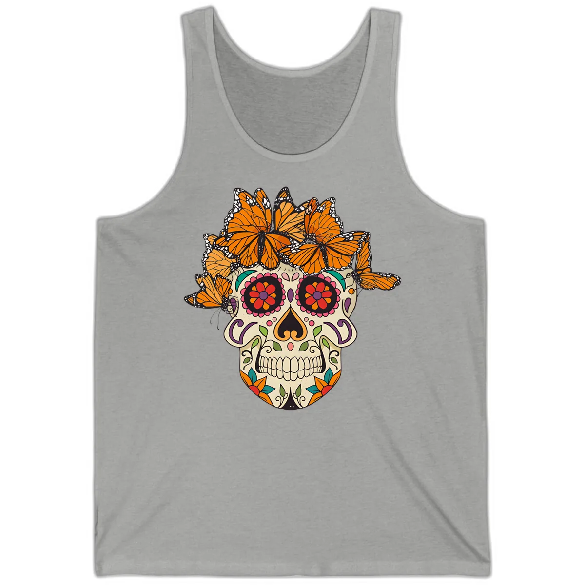 Monarch Butterfly Calavera Sugar Skull Tank in Athletic Heather