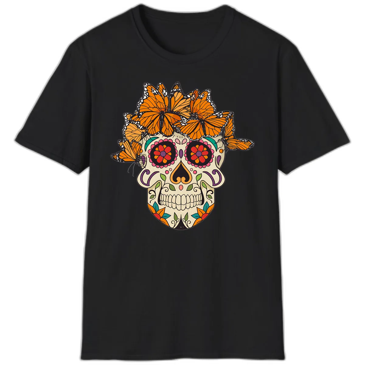 Monarch Butterfly Calavera Sugar Skull T-Shirt in Black