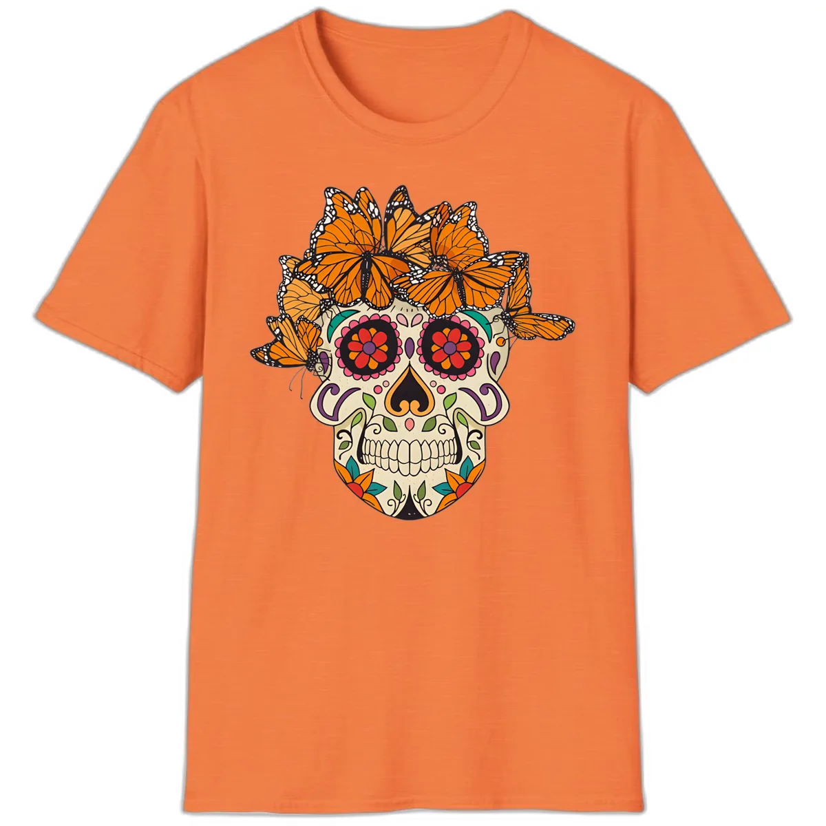 Monarch Butterfly Calavera Sugar Skull T-Shirt in Heather Orange
