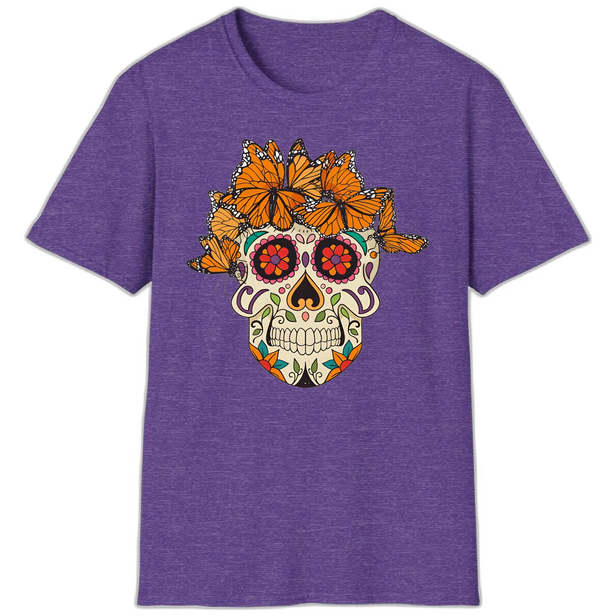Monarch Butterfly Calavera Sugar Skull T-Shirt in Heather Purple