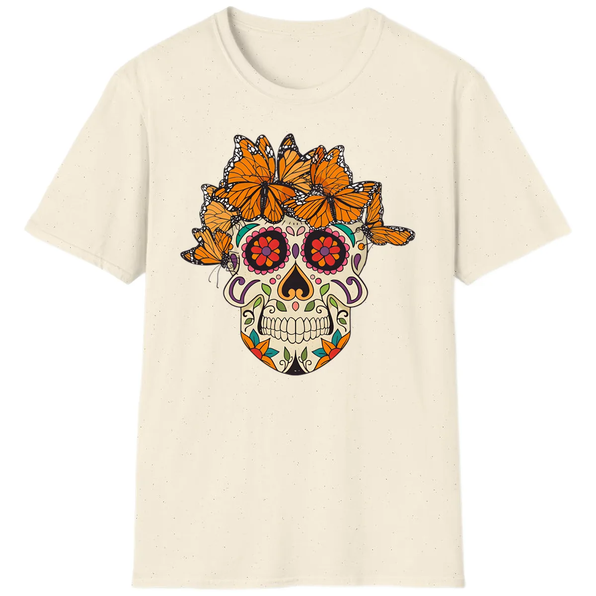 Monarch Butterfly Calavera Sugar Skull T-Shirt in Natural