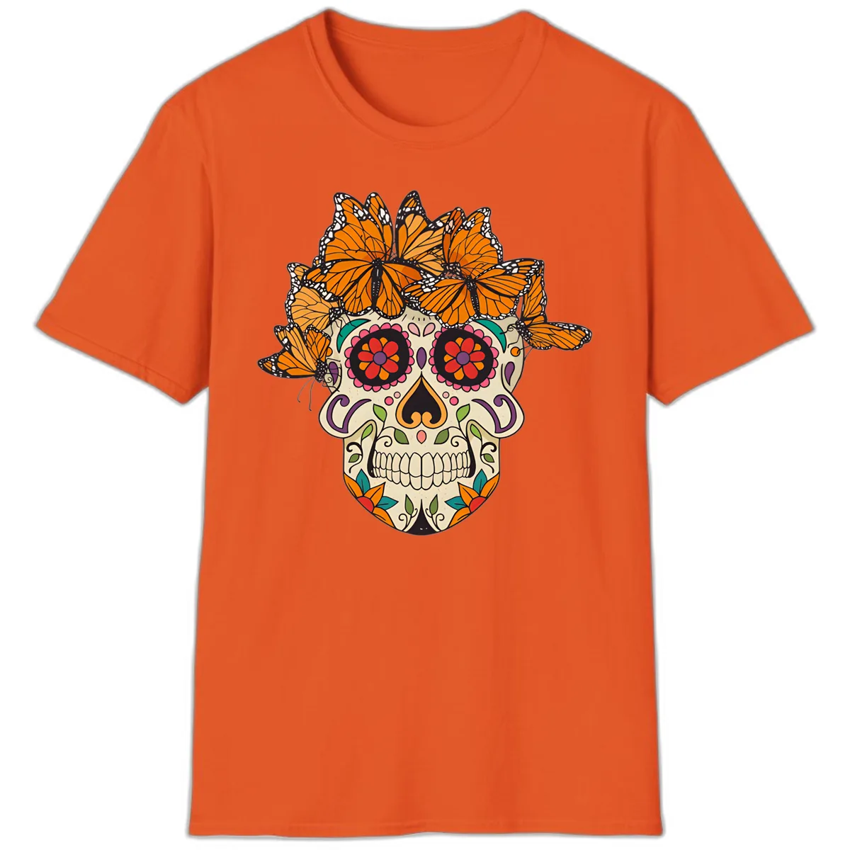 Monarch Butterfly Calavera Sugar Skull T-Shirt in Orange