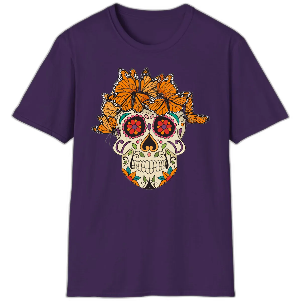 Monarch Butterfly Calavera Sugar Skull T-Shirt in Purple