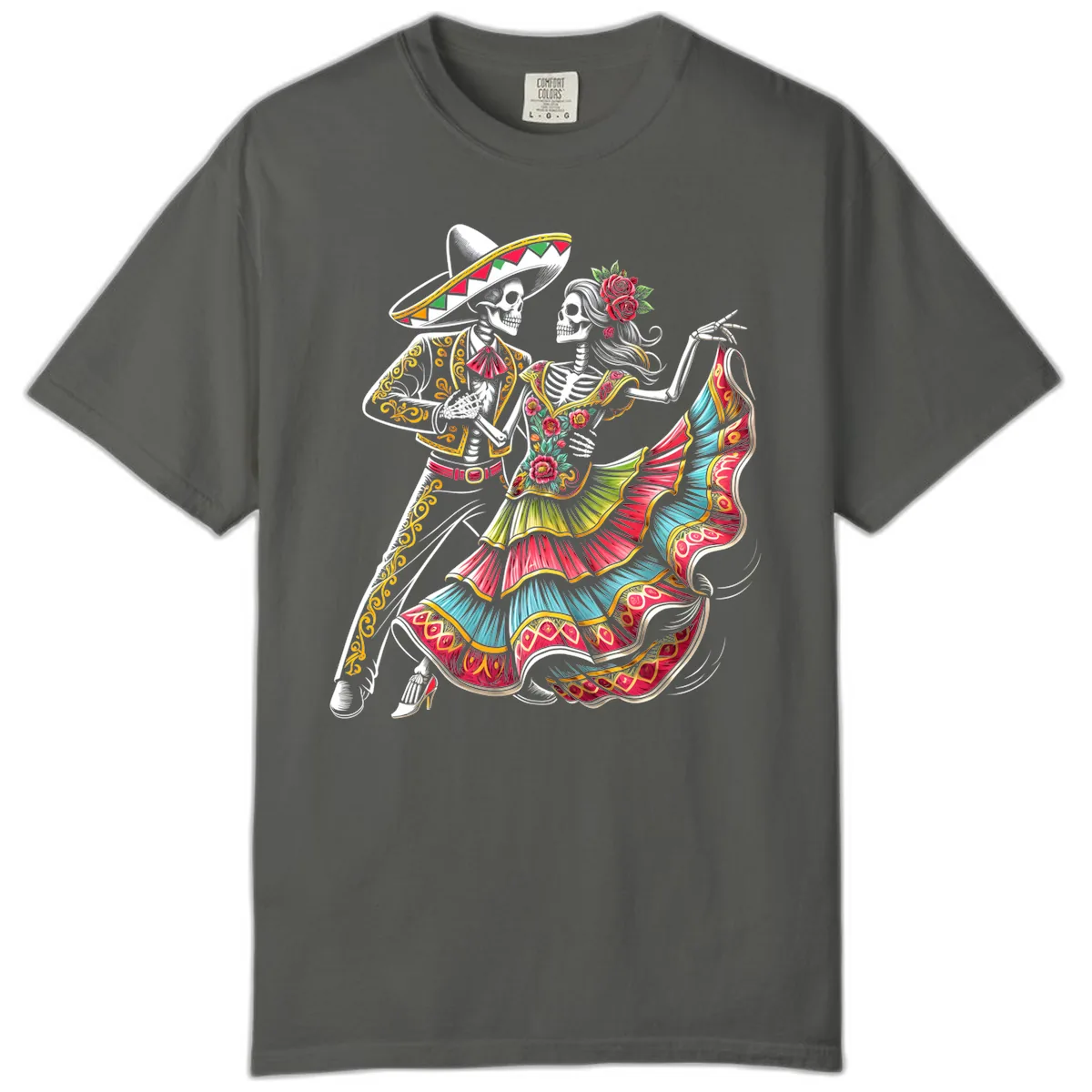 Calavera Couple Dancing Mariachi Fiesta Comfort Color in Pepper