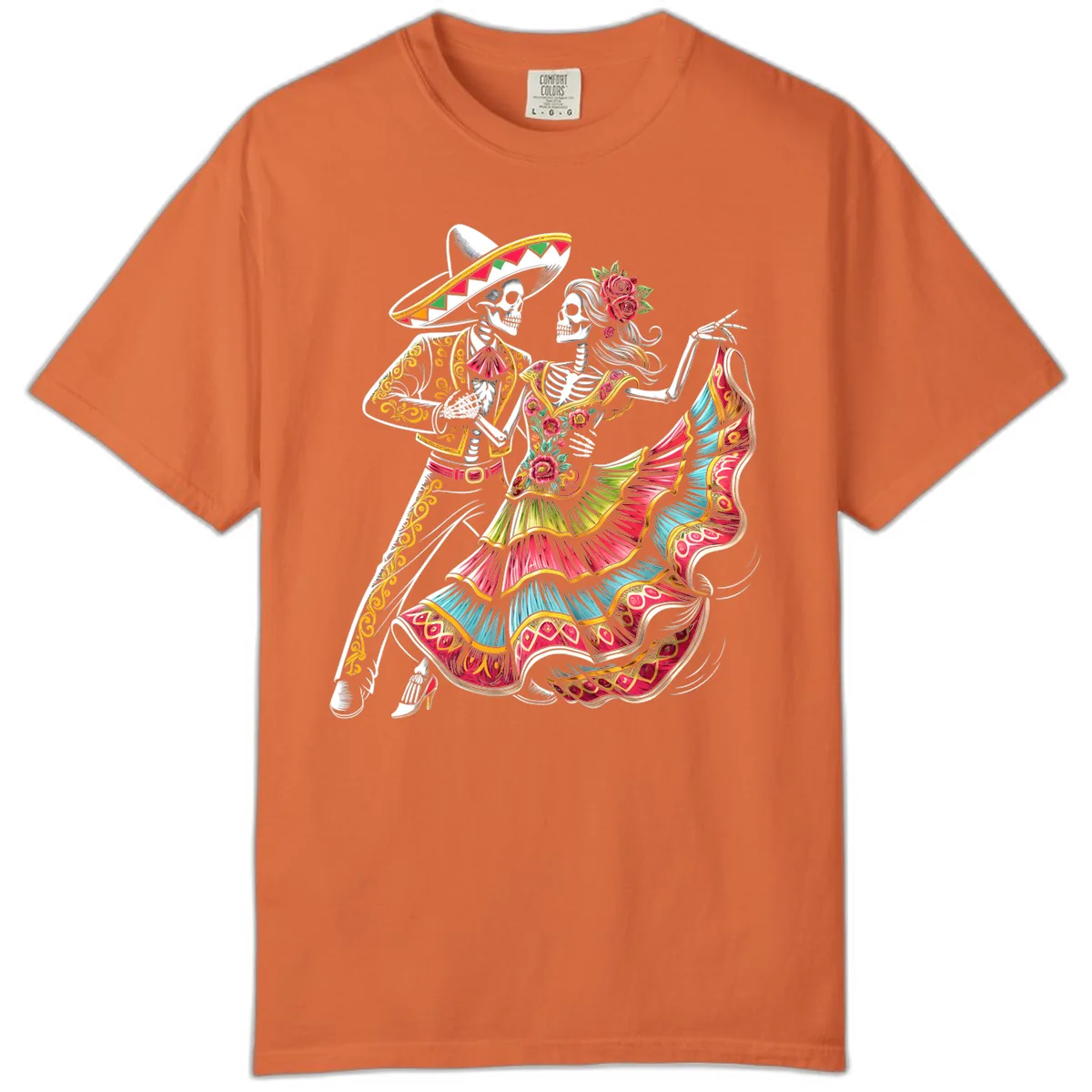 Calavera Couple Dancing Mariachi Fiesta Comfort Color in Burnt Orange