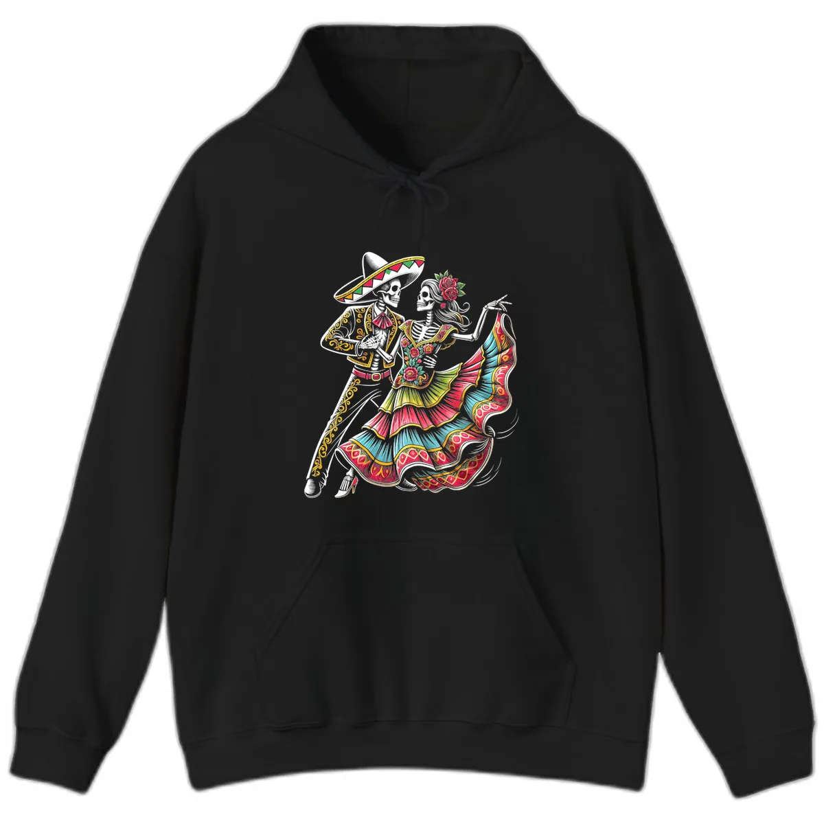 Calavera Couple Dancing Mariachi Fiesta Hoodie in Black
