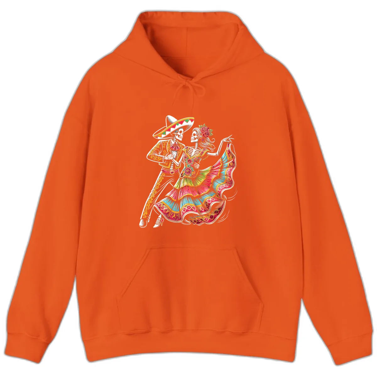 Calavera Couple Dancing Mariachi Fiesta Hoodie in Orange