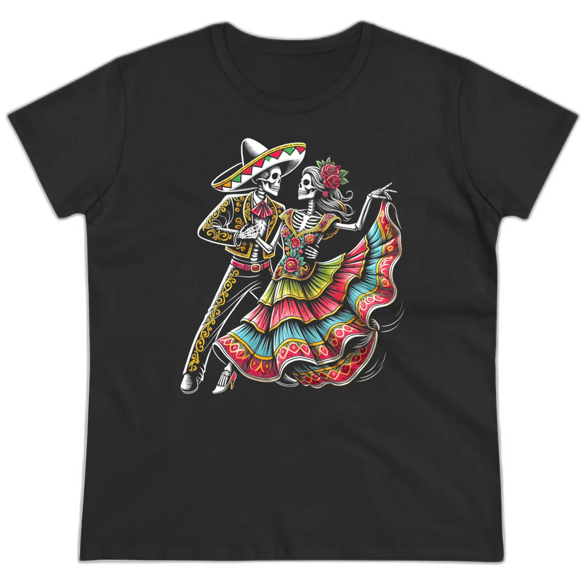 Calavera Couple Dancing Mariachi Fiesta Ladies Tee in Black