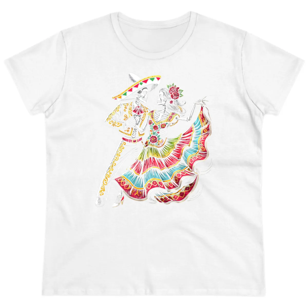 Calavera Couple Dancing Mariachi Fiesta Ladies Tee in White