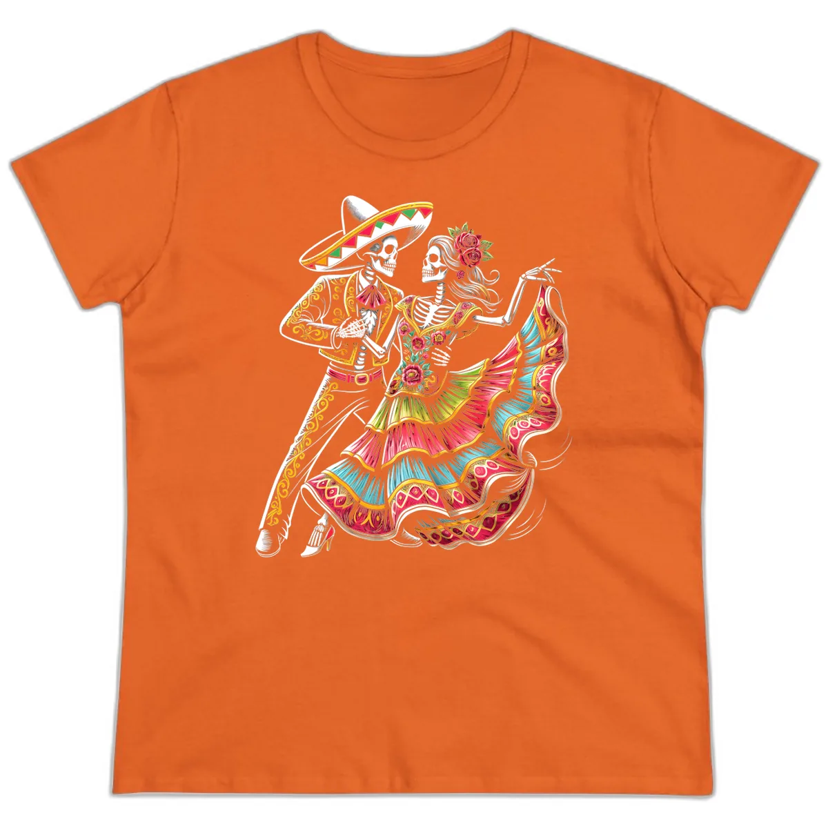 Calavera Couple Dancing Mariachi Fiesta Ladies Tee in Orange