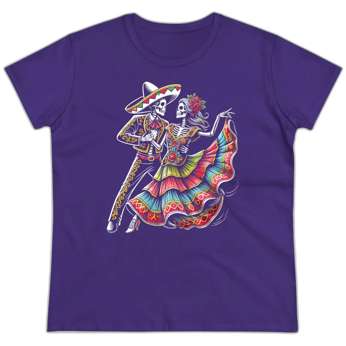 Calavera Couple Dancing Mariachi Fiesta Ladies Tee in Purple