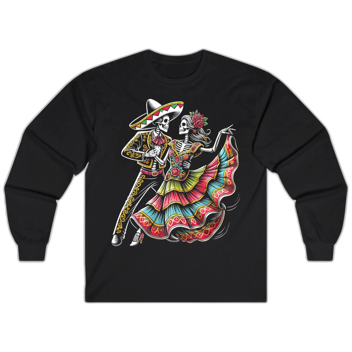 Calavera Couple Dancing Mariachi Fiesta Long Sleeve in Black