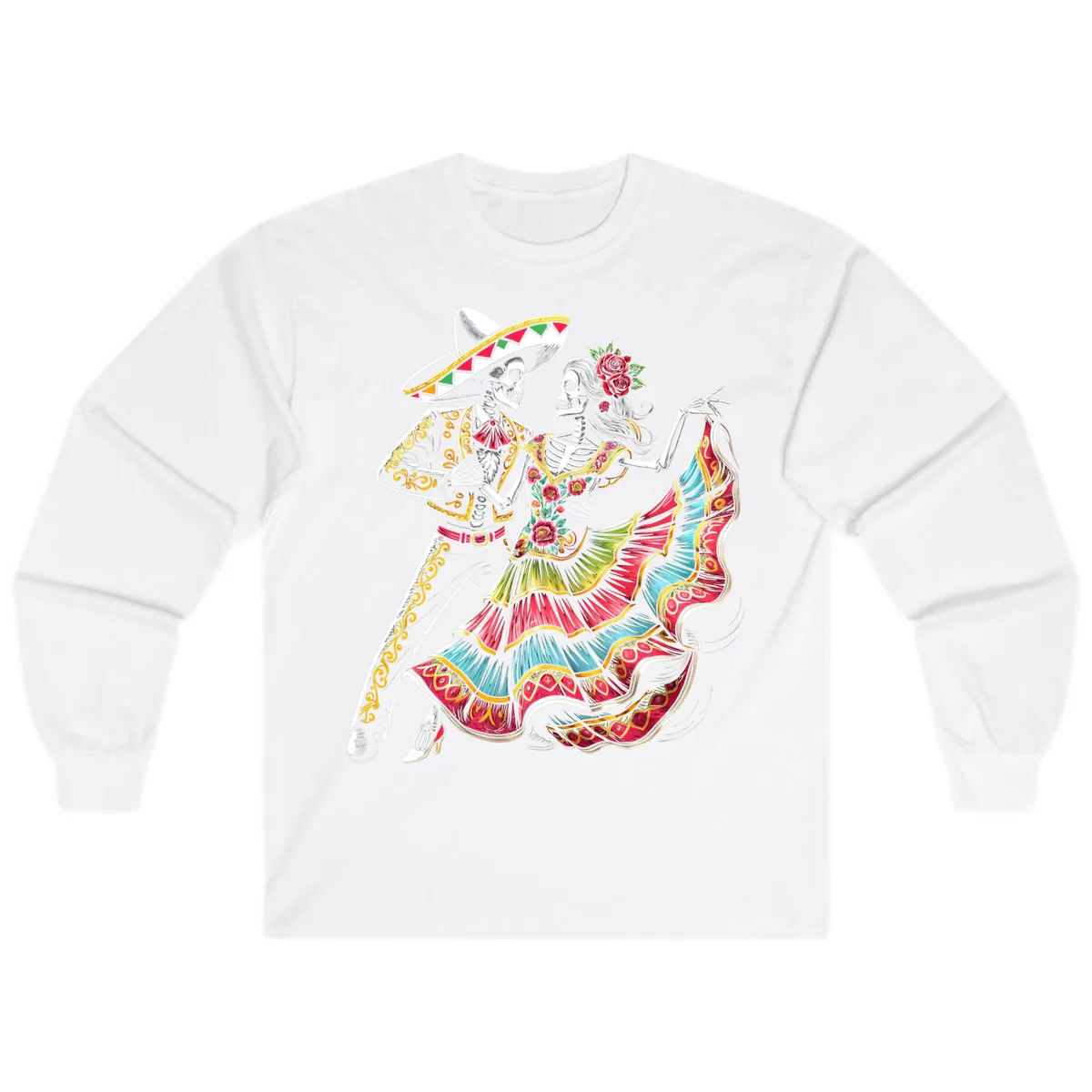 Calavera Couple Dancing Mariachi Fiesta Long Sleeve in White