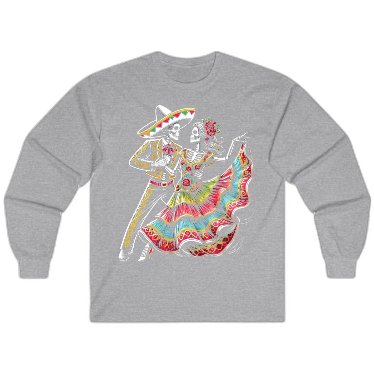 Calavera Couple Dancing Mariachi Fiesta Long Sleeve in Sport Grey