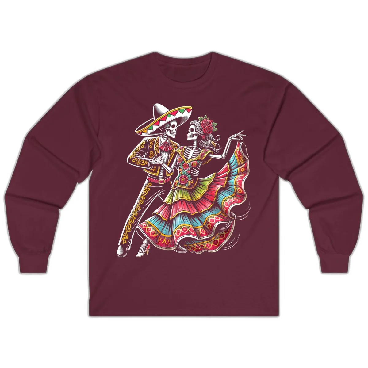 Calavera Couple Dancing Mariachi Fiesta Long Sleeve in Maroon
