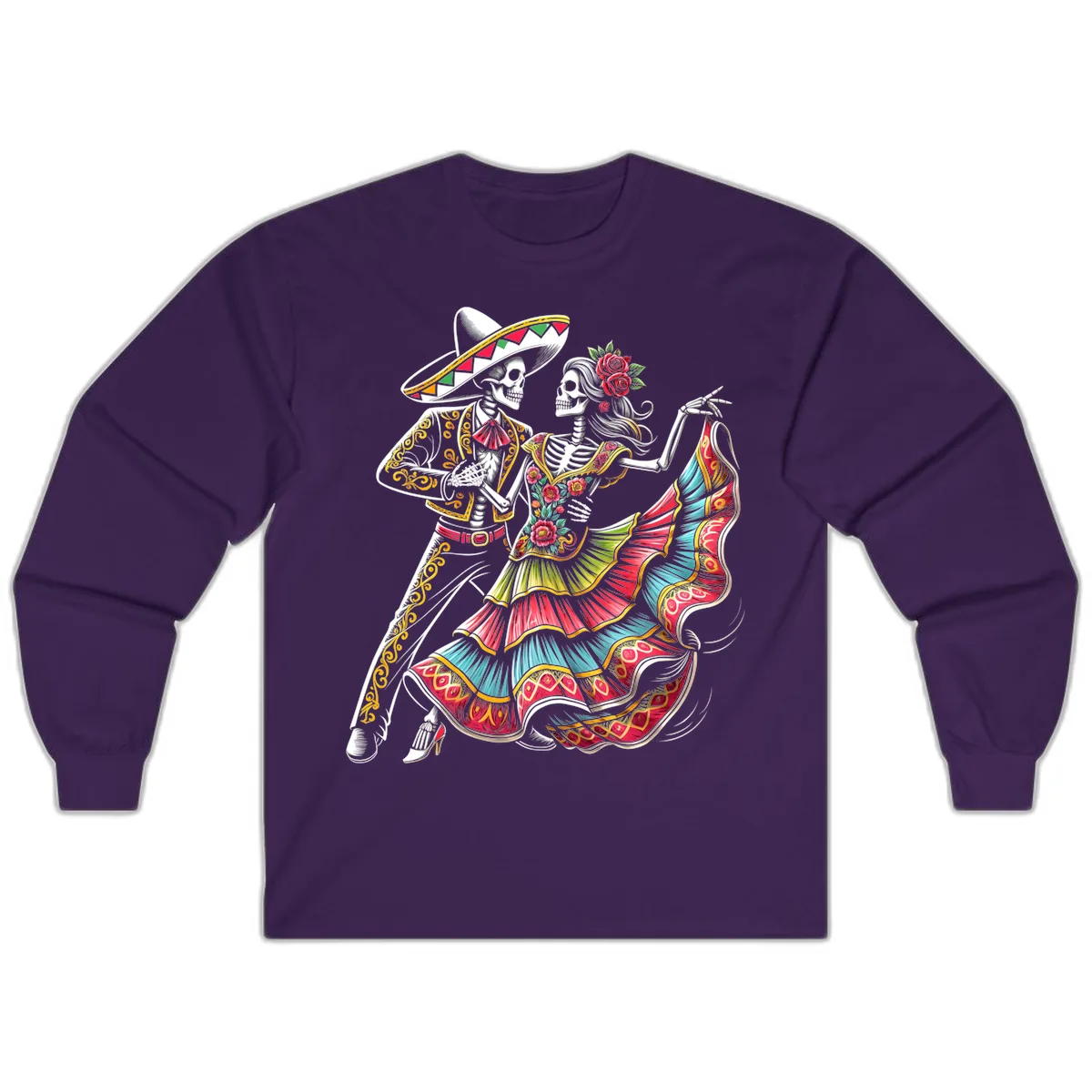 Calavera Couple Dancing Mariachi Fiesta Long Sleeve in Purple
