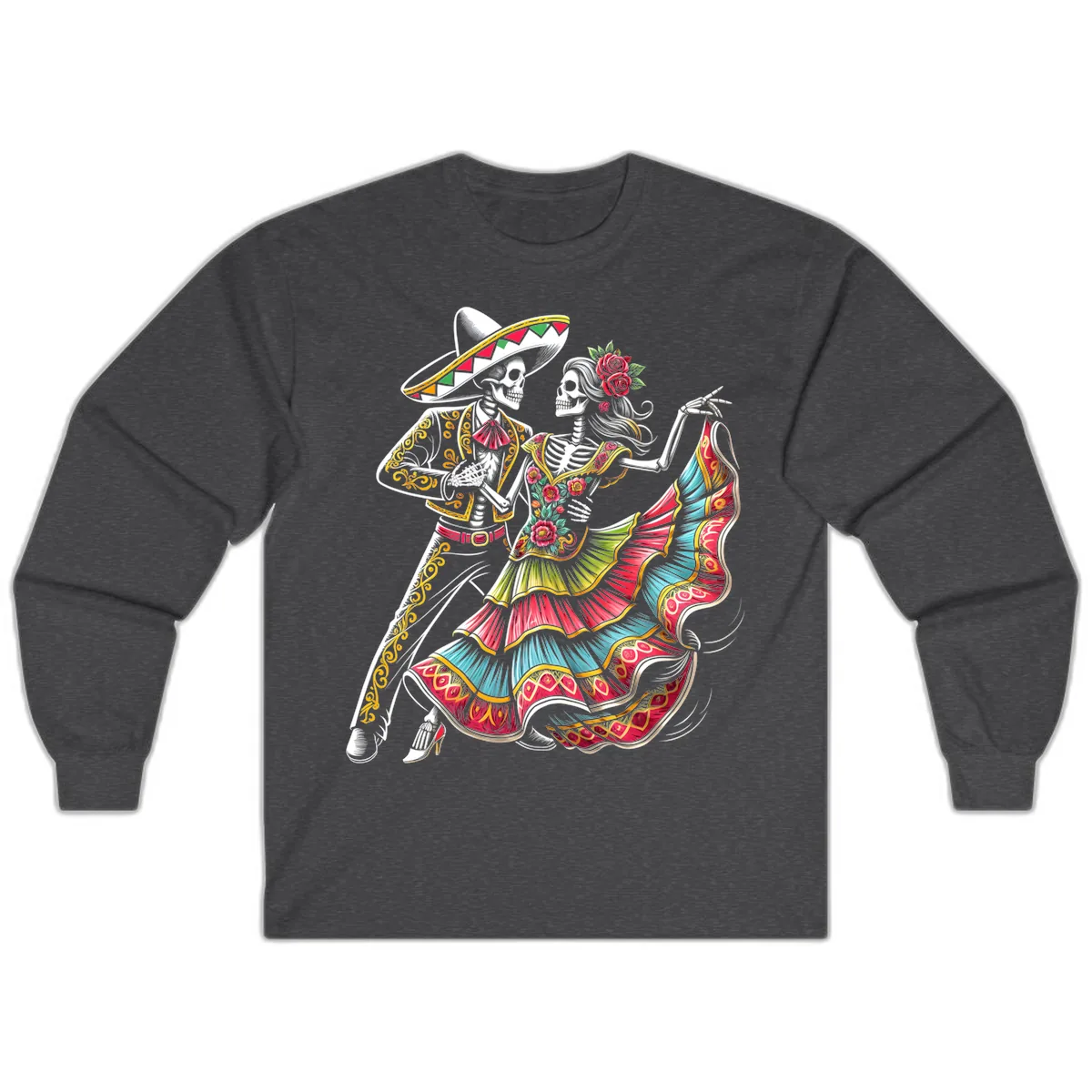 Calavera Couple Dancing Mariachi Fiesta Long Sleeve in Dark Heather